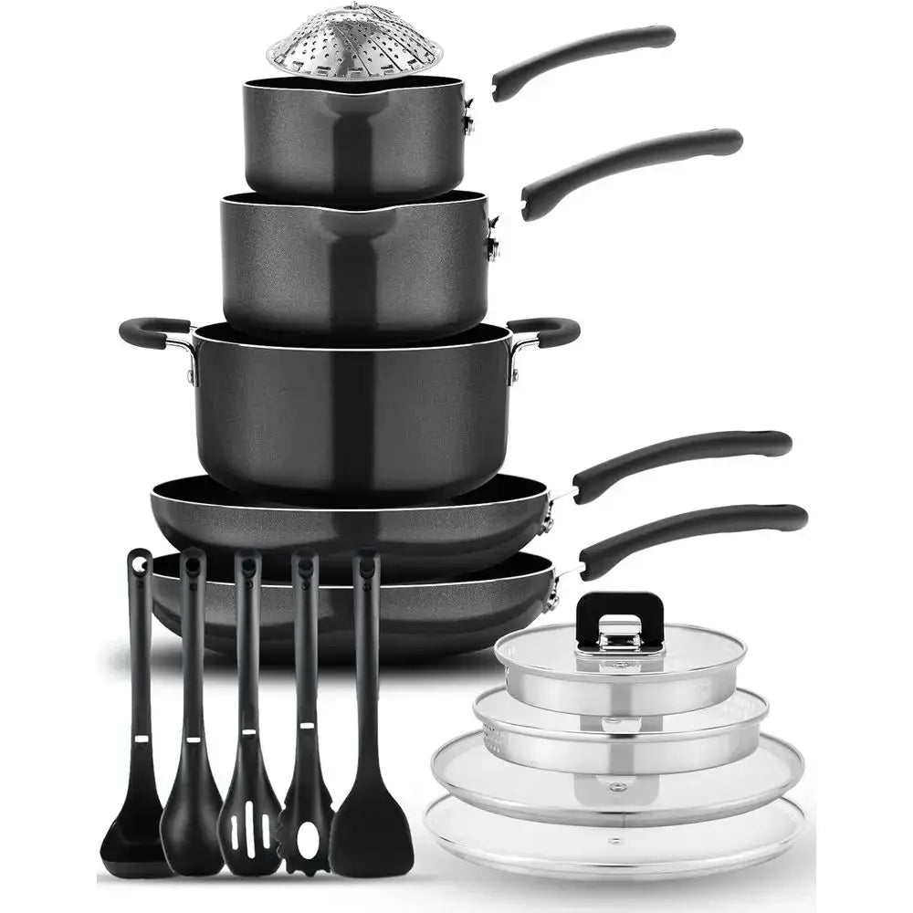 17Pcs Black Non-Stick Pots Pans Set Foldable Knob Induction Compatible Space Saving Heat Resistant Utensils Kitchen RV Use from PriceLows™
