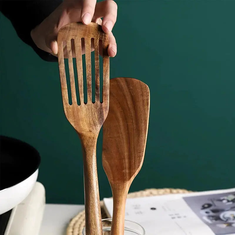 Teak Spatula Set Of 2 Wooden Spatula For Cooking Nonstick Cooking Utensils Long Handle Heat Resistant Slotted Turner Cookware from PriceLows™