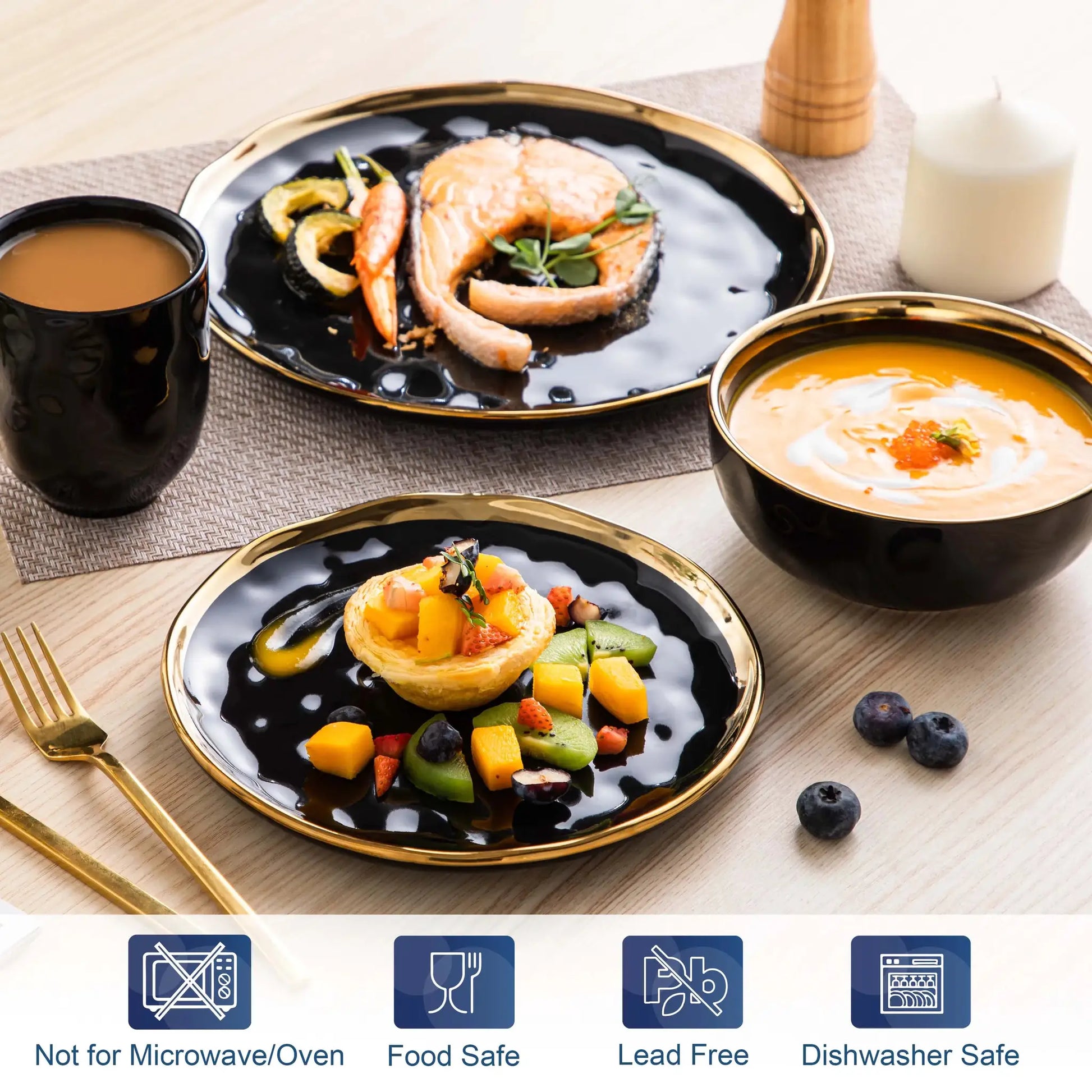 LOVECASA 16/32 Piece Black Porcelain Dinnerware Set with Gold Trim Dessert Plate,Dinner Plate,Cup,Bowl Tableware Set from PriceLows™