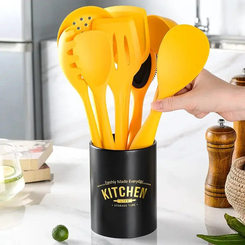 9Pcs Non-Stick Silicone Cooking Utensils Set Spatula Soup Spoon Brush Ladle Pasta Colander Kitchen Cookware Kit With Storage Box from PriceLows™