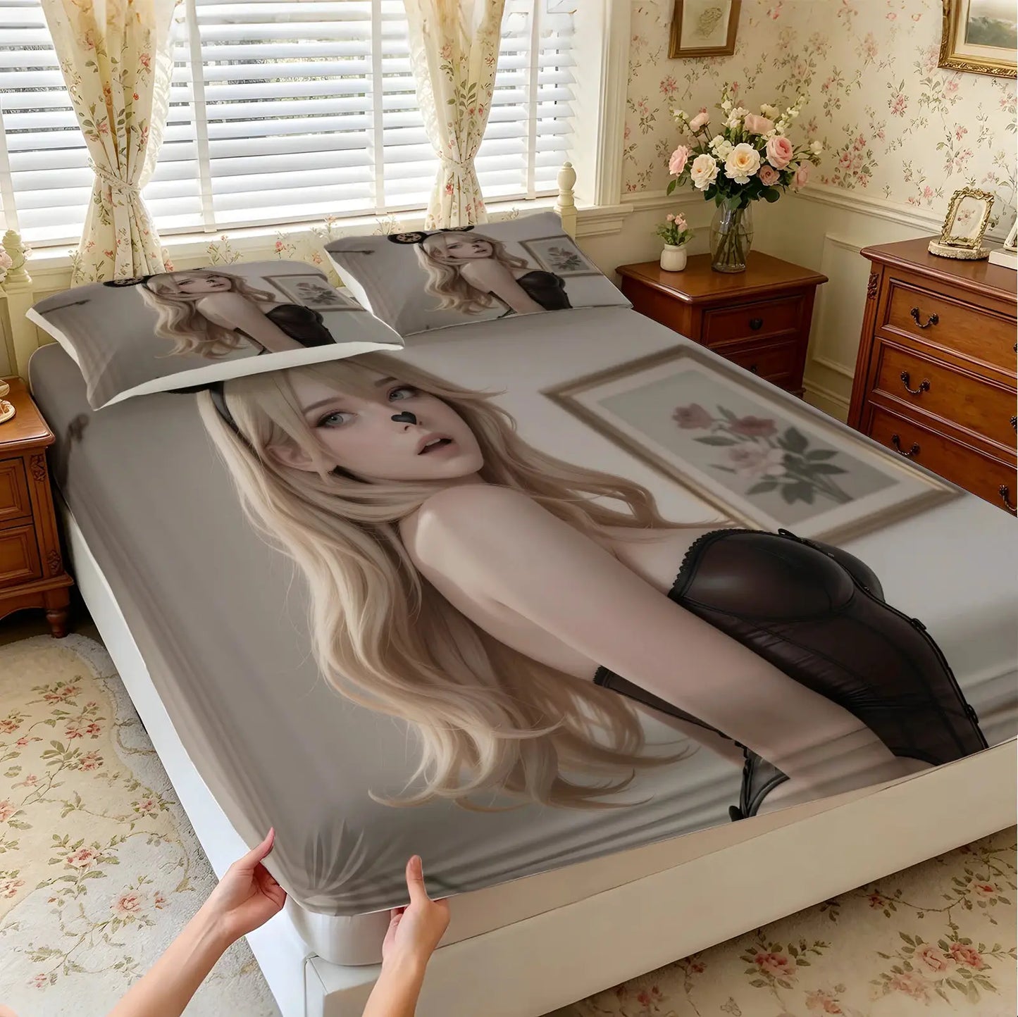 Anime Woof Woof Girl Fitted Sheet, Soft Microfiber Bed Sheet with Pillowcases, Mouse Ear Cosplay Style Mattress Cover for Teens from PriceLows™