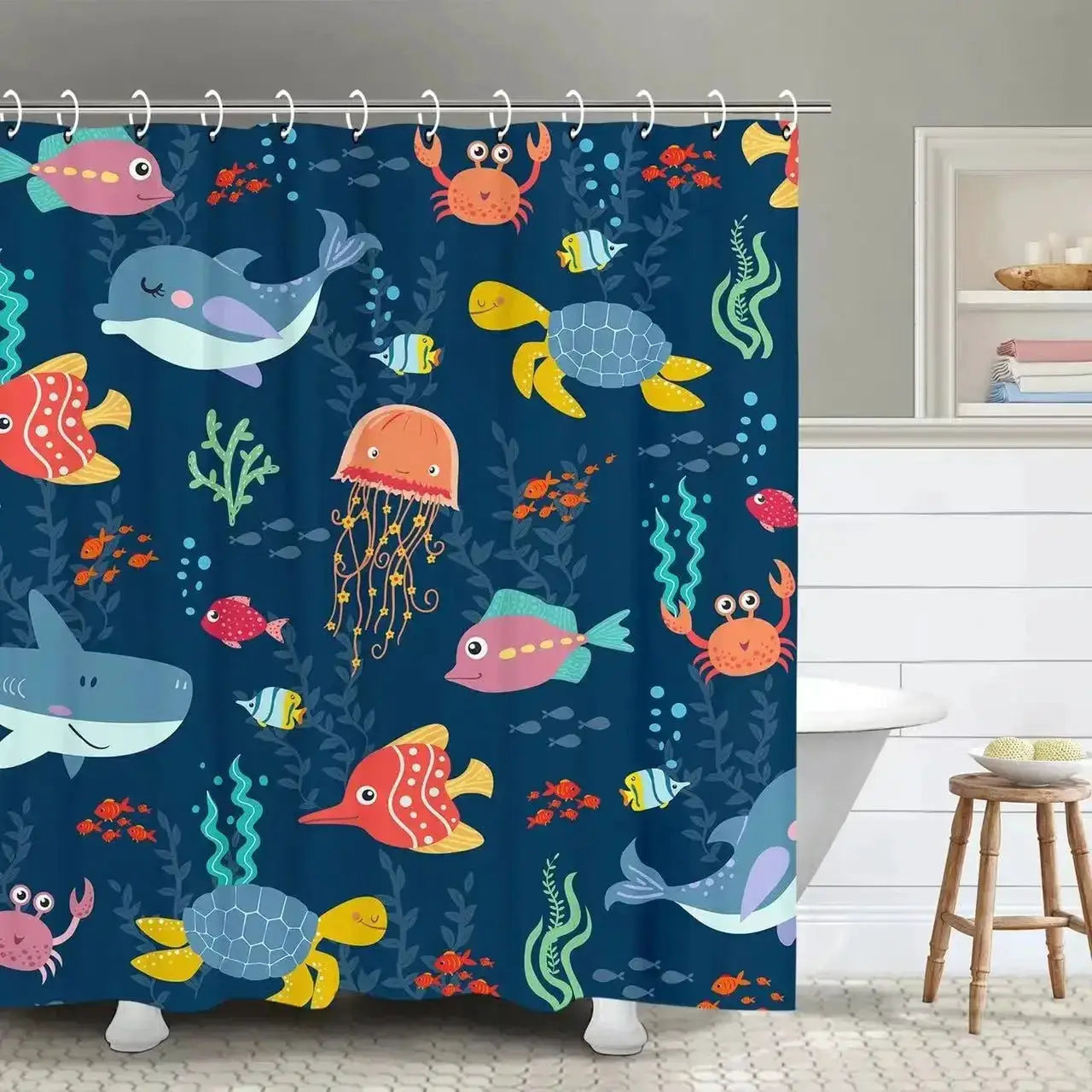 Colorful Cartoons Fish Shark Shower Curtains Ocean Life Children's Bathroom Home Decor Cloth Curtain Set Waterproof Bath Screens from PriceLows™