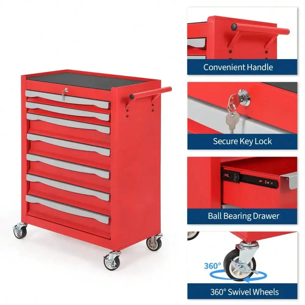 7-Drawer Tool Chest, Rolling Tool Cart With Wheels, Large Capacity Tool Storage Cabinet With Keyed Locking, Drawer Liners&Link Buckle, For Garage, Workshop, Warehouse,24.21"L * 13.78"W * 34.06"H from PriceLows™