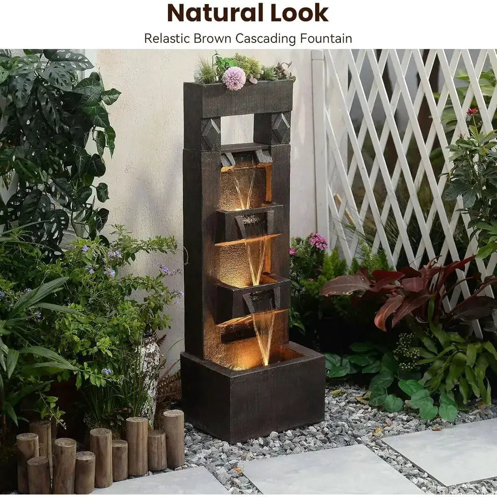 40.9 4-Tier Modern Outdoor Water Fountain with LED Lights, Suitable for Garden, Patio, Yard (Brown) from PriceLows™
