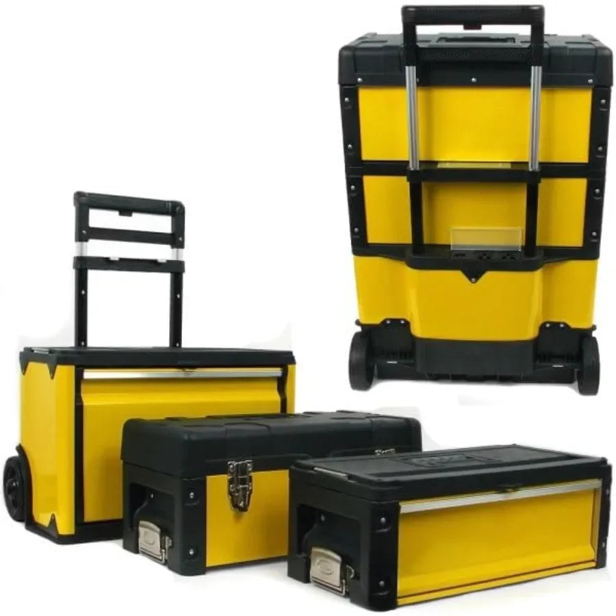 Portable Tool Box on Wheels - Stackable 3-in-1 Chest for Workshops and Craft Rooms - Foldable Comfort Handle and Latches in Bla from PriceLows™