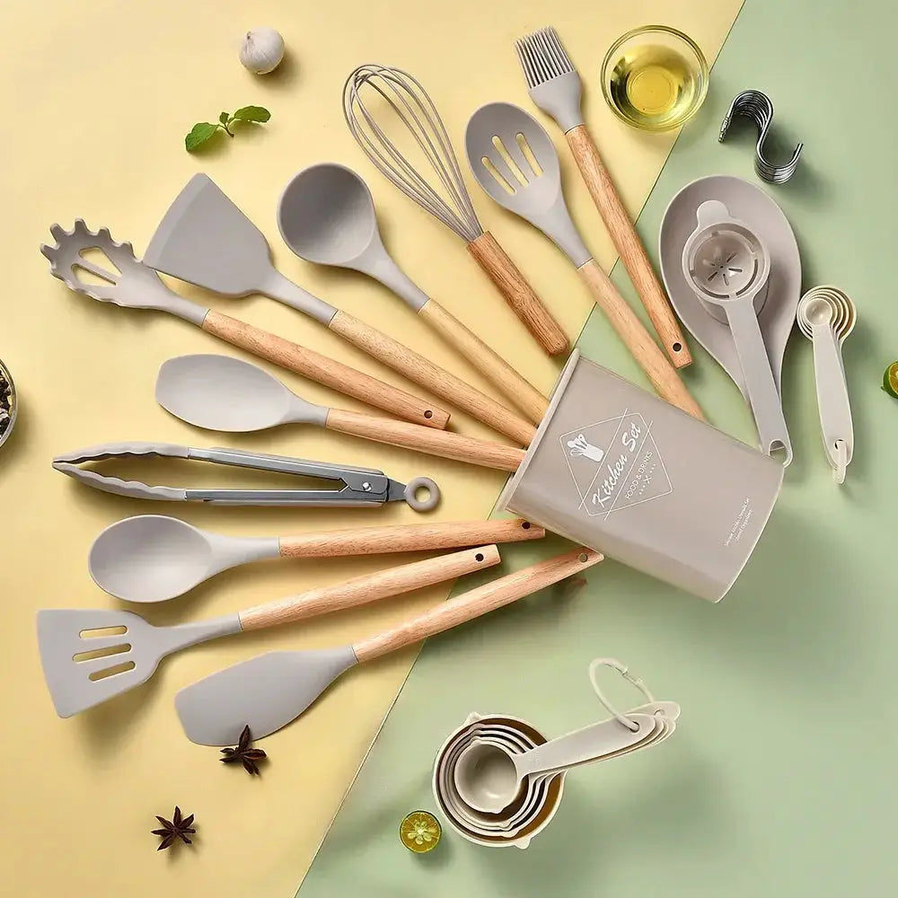 Silicone Kitchen Utensil Set | 34 Piece Collection | Wooden Handles | Black