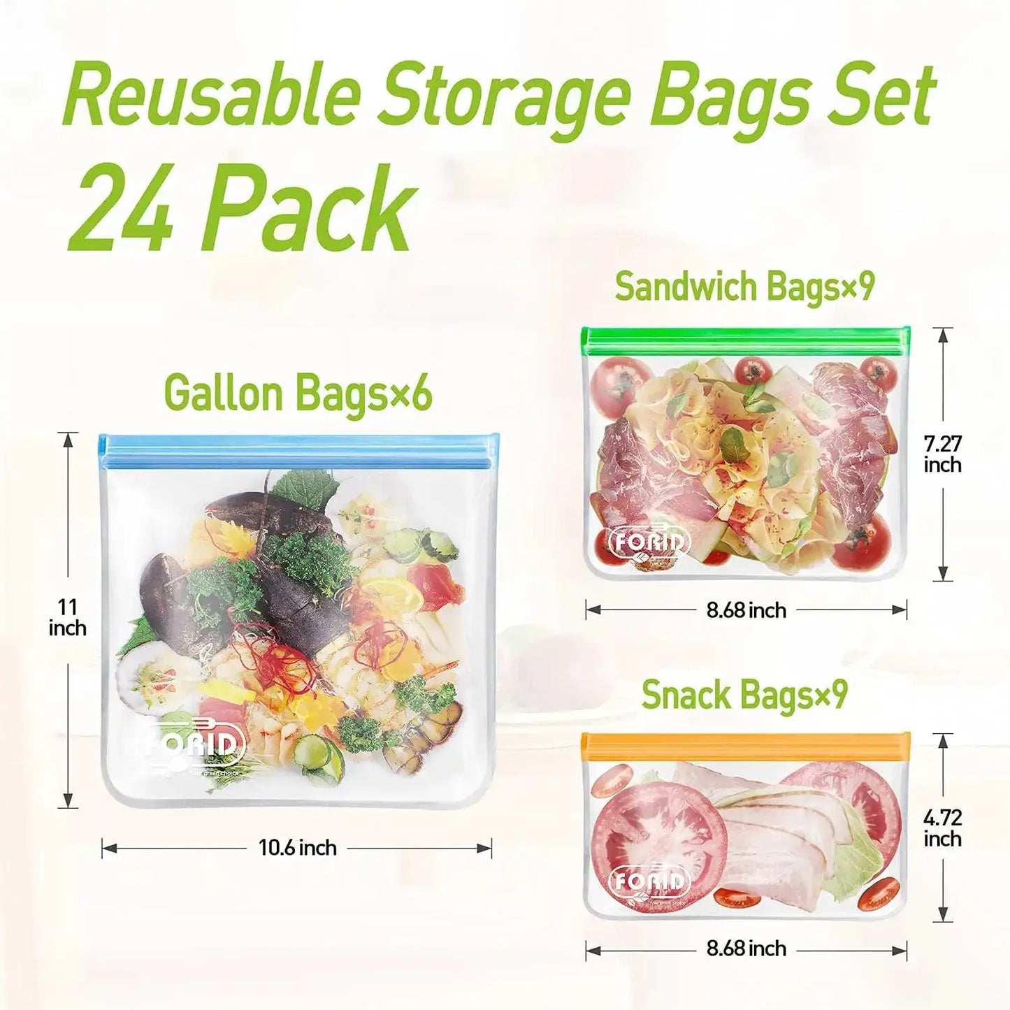 Reusable Food Storage Bags | Leakproof | Vacuum Sealed | 24 Pack
