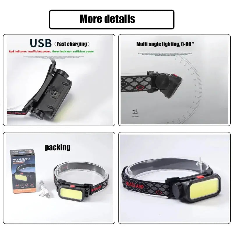 Powerful COB LED Headlamp USB Rechargeable 4 Modes Lighting Head Flashlight With 18650 Built in Battery Camping Fishing Lantern from PriceLows™