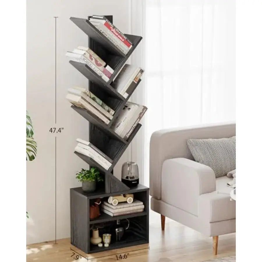 6 Tier Tree Bookshelf, Small Bookcase with Storage Cabinet, Modern Narrow Bookshelves Organizer, Floor Standing Book Shelf for from PriceLows™