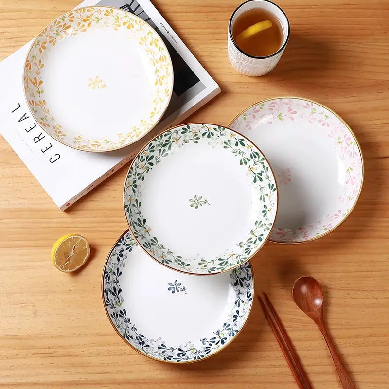 4pcs 8in/20.2cm Floral Ceramic Plates - Cute Pasta/Salad/Dessert Plates，Kitchen Restaurant Tableware，Microwave & Dishwasher Safe from PriceLows™