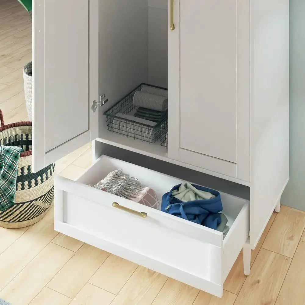 60 Modern 2-Door White Bedroom Wardrobe with Hanging Rod and Storage Cabinet from PriceLows™