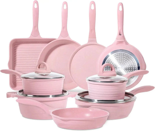 23pc Nonstick Pink Pots and Pans Set, PFAS-Free Healthy Kitchen Cookware, Induction Safe Frying Pans Saucepans Griddle Crepe Pan from PriceLows™