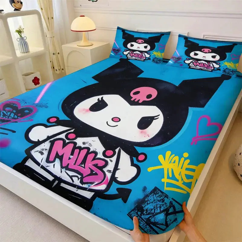 Kawaii Kuromi Cool Blue Fitted Sheet Sanrio Graffiti Print Bed Sheet Set with Pillowcases Anime Edgy Bedding Mattress Cover from PriceLows™