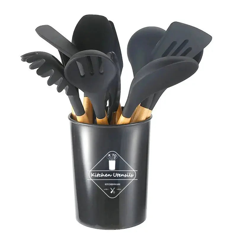 12-piece Wooden Handle Kitchenware Set Silicone Non-stick Cooking Spatula Baking Set with Storage Bucket from PriceLows™