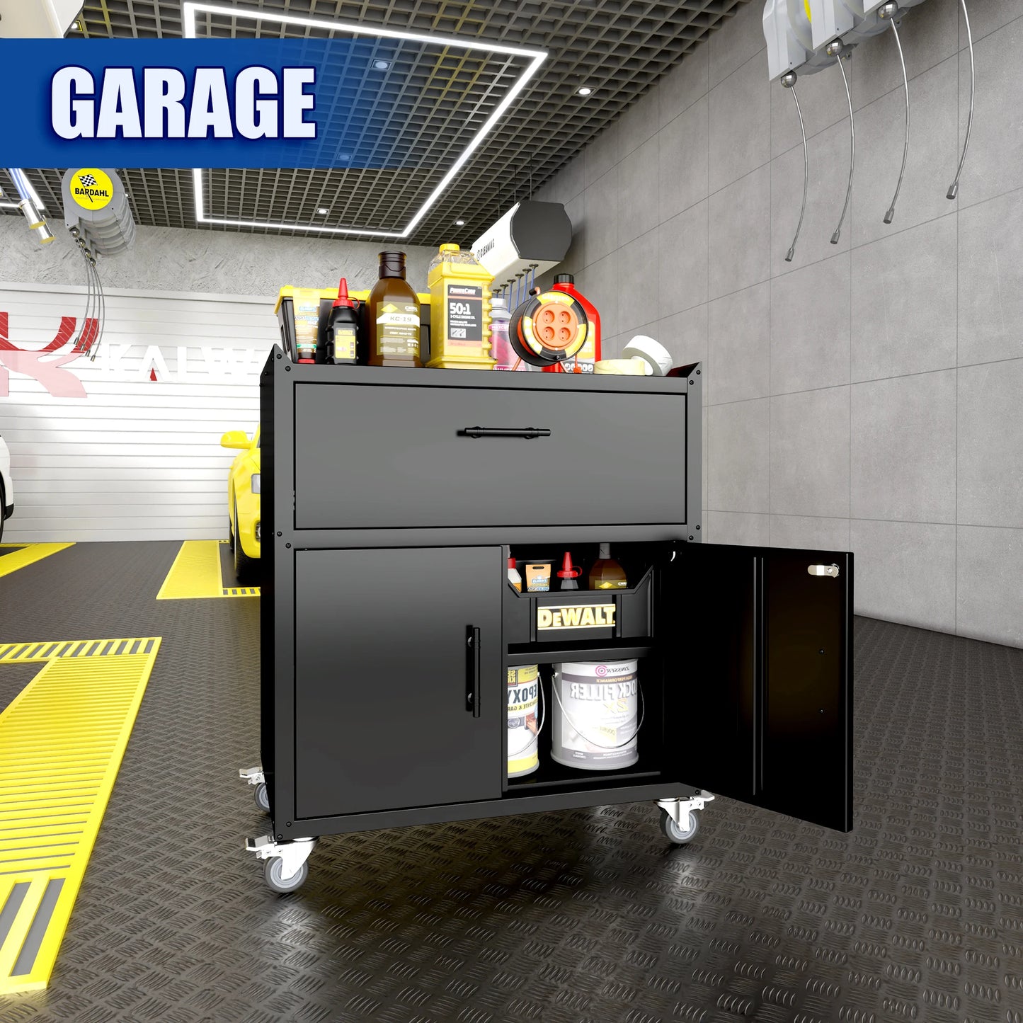 2 Door + 1 Drawer Tool Cabinets for Garage, Lockable Garage Storage Cabinet, Locking Metal Storage Cabinet with Wheels, Rolling Tool Chest, Assembly Required H35.4*W30.3*D18 from PriceLows™