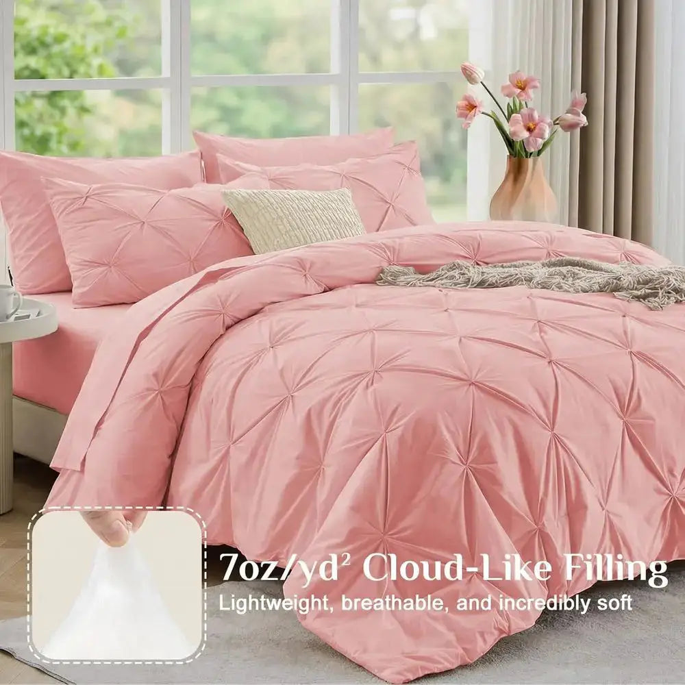 7-Piece Queen Comforter Set - All Season Pintuck Bedding with Sheet, Pillowcases, and Shams in Pink from PriceLows™