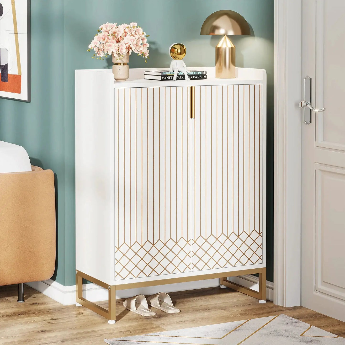 Tribesigns White Shoe Cabinets with Doors, 5-Tier Shoe Rack, Wood Storage Cabinet for Bedroom Hallway Living Room from PriceLows™