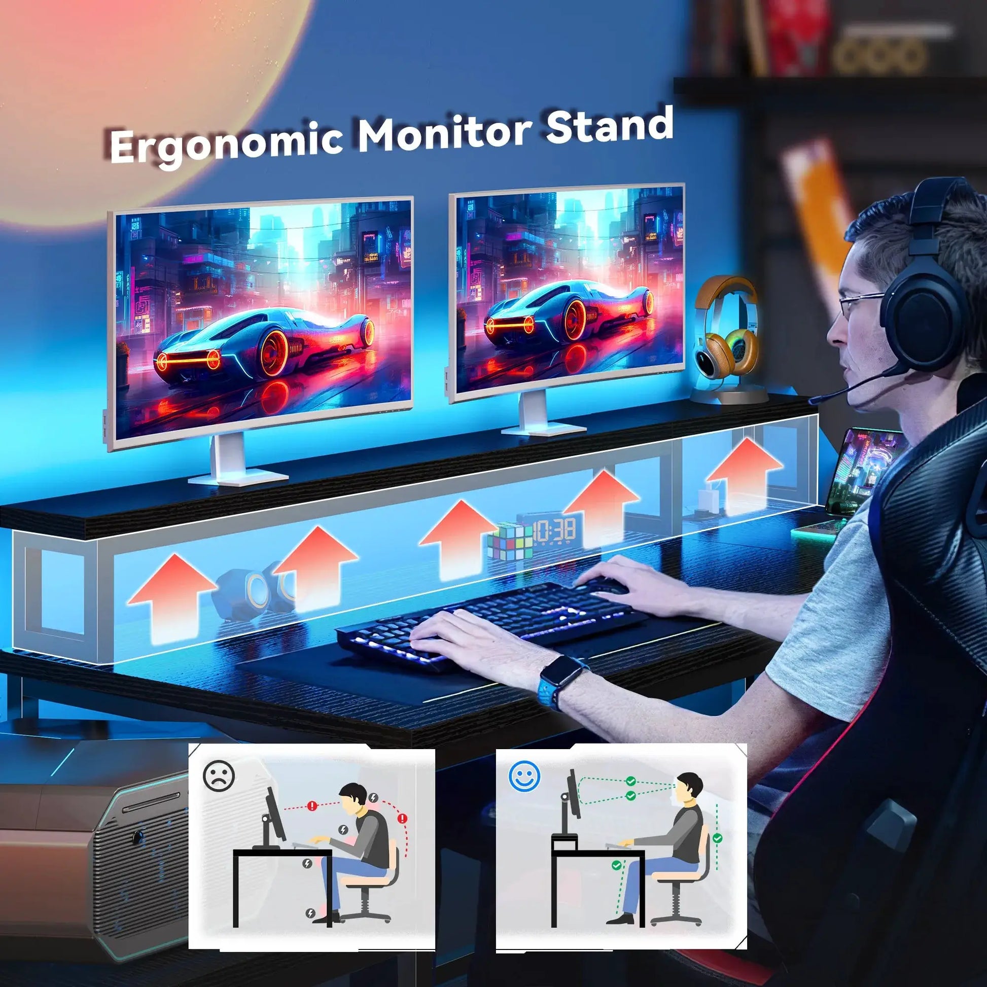 EnHomee 63.5"W L Shaped Gaming Desk with Power Outlets, LED Lights, Monitor Stand & Shelves for Home Office from PriceLows™