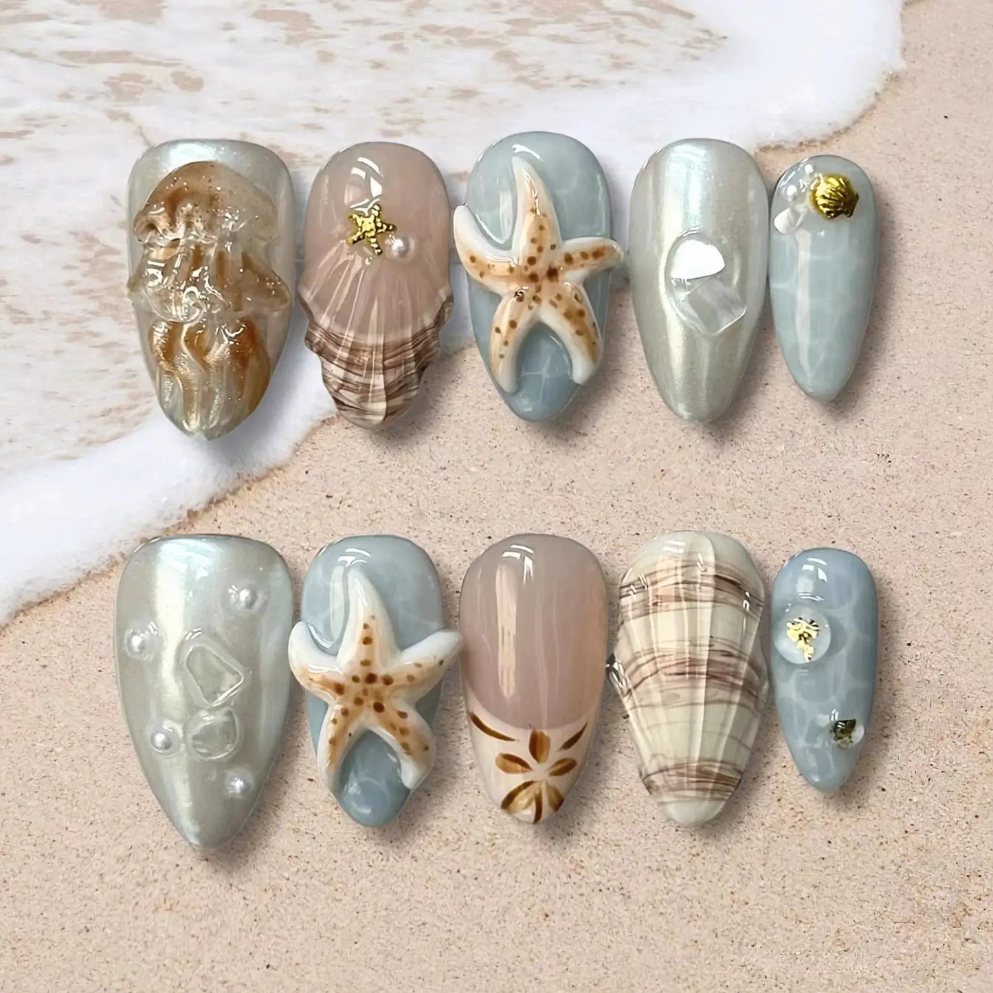 Press On Nails | 3D Seashell Design | Almond Shape | 24 Piece Set