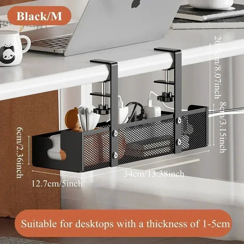 Large Capacity Clip-On Under Desk Cable Organizer - No Drilling Required, Space Saving Metal Cable Storage Basket for Home Desk from PriceLows™
