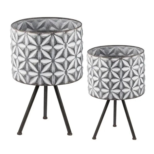 Set of 2 Round Galvanized Metal Planters Stand, Farmhouse Style from PriceLows™