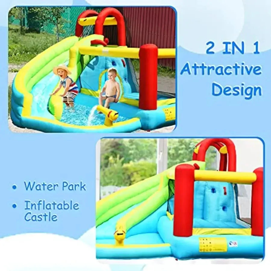 Inflatable Water Slide Bounce House, 6 in 1 Water Bouncy Castle w/Splash Pool, Climbing Wall, Water Slides Inflatables for,Blow from PriceLows™