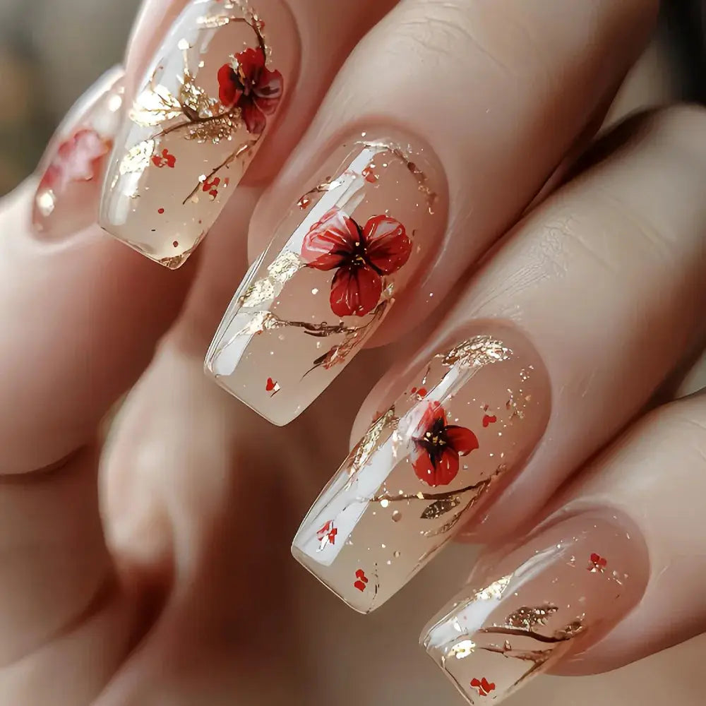 Short Almond Press On Nails | Pink Floral French | Reusable Full Cover | 24 Pcs