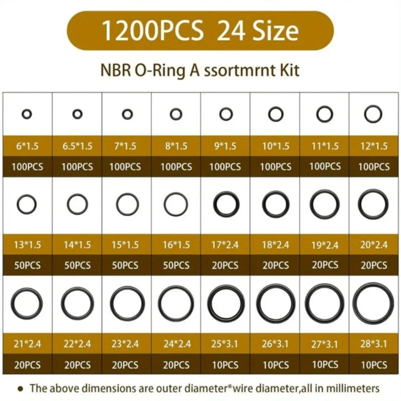 1200pcs NBR O-ring set nitrile rubber black O-ring oil-resistant, wear-resistant and waterproof NBR ORing sealing from PriceLows™