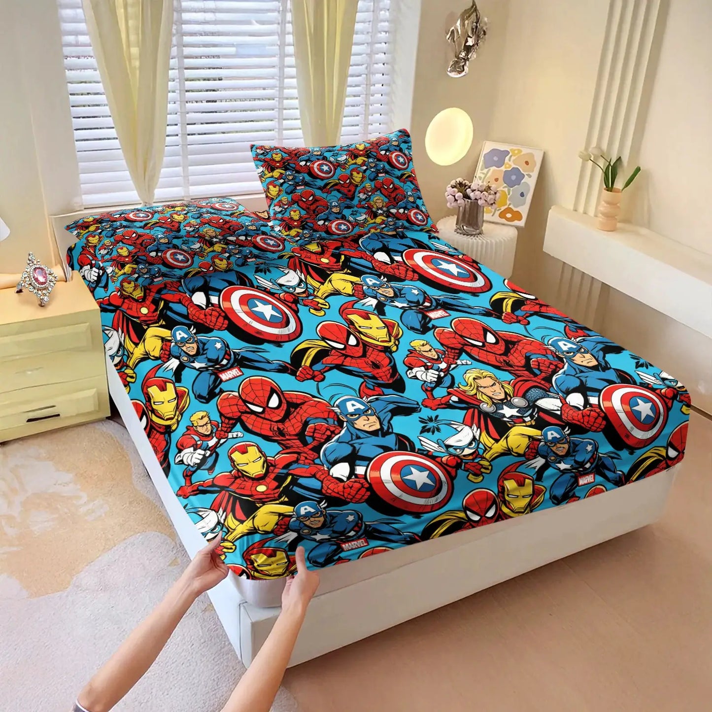 Cute Chibi Marvel Heroes Fitted Sheet Set Bed Sheet Set Bedding Set No Fillers for Teens Bedroom Living Room Decor from PriceLows™