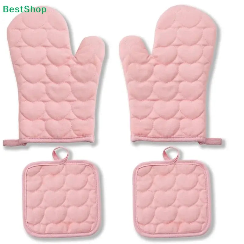 Kitchen Set | Pink Heart Quilted | Heat Resistant Cotton | 2 Mitts and 2 Holders
