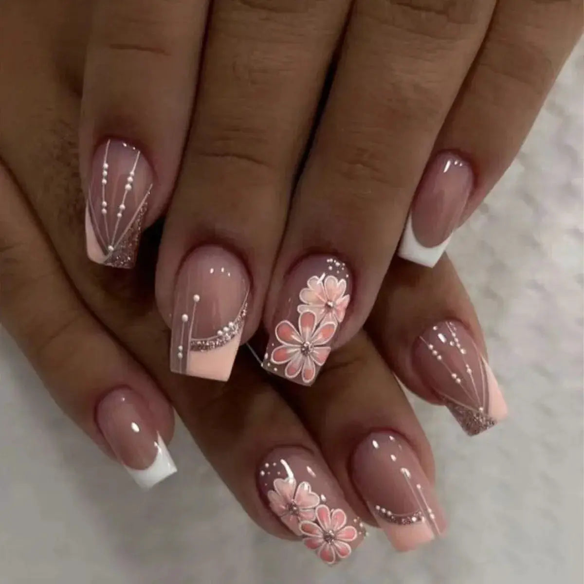 Press On Nails | Resin Coffin Shape | French Floral Print | 24 Pieces