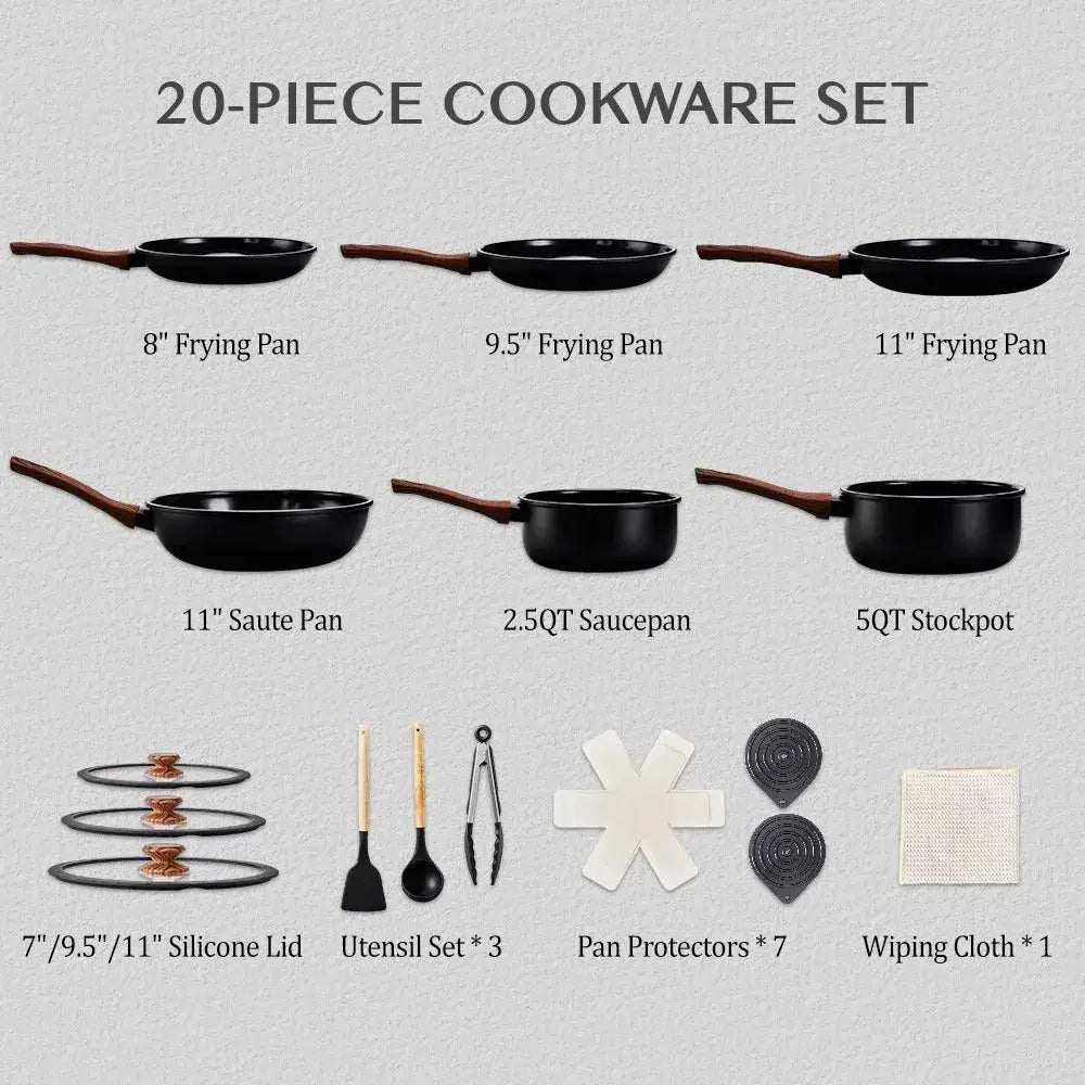 Woodgrain Handle Ceramic Cookware Set, 20pcs Nonstick Pots & Pans, Stackable Kitchen Set for Induction Hob, Complete Cooking Solution in Black from PriceLows™