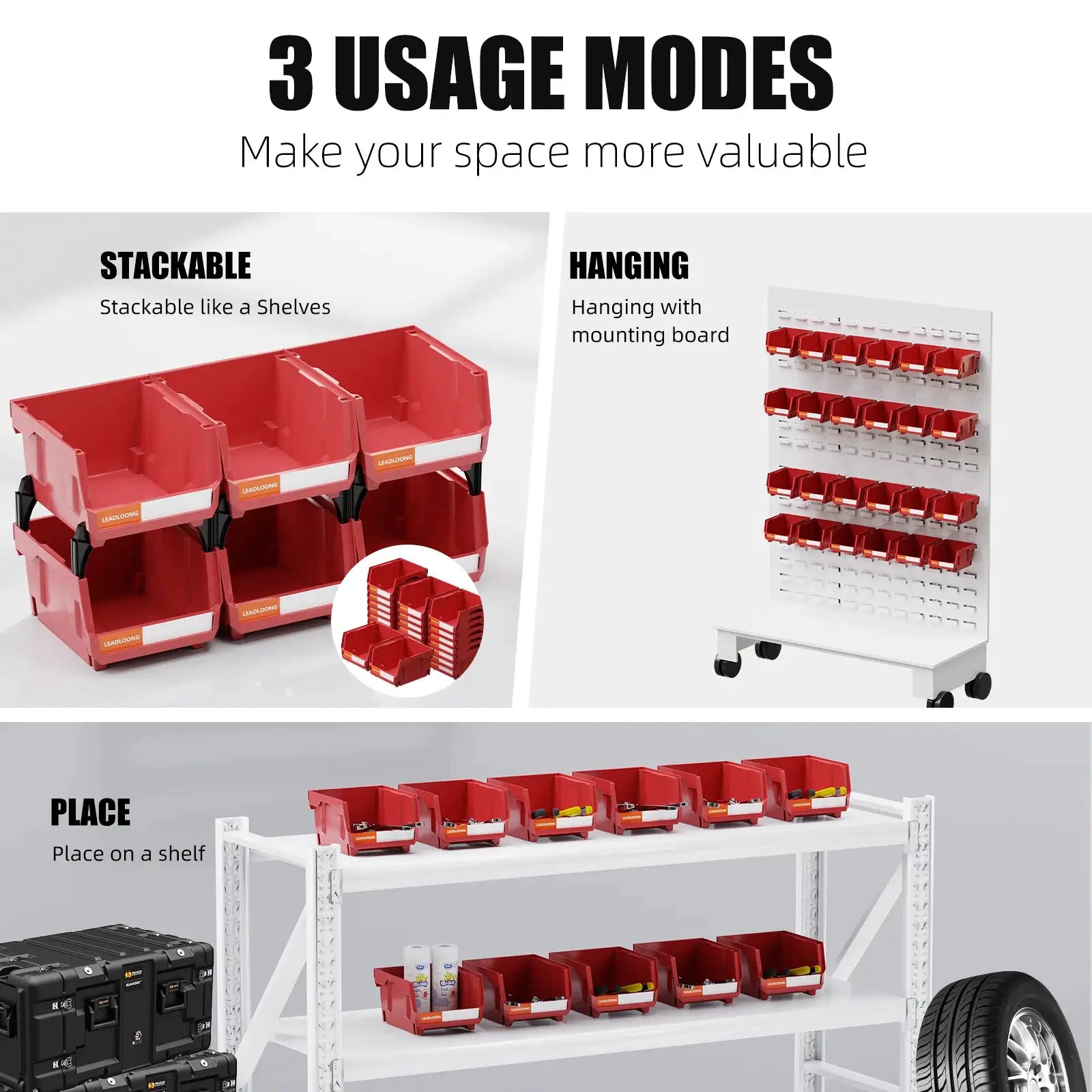 6/24 Pcs Red Stackable Plastic Parts Bins - 5"x4"x3" Garage Tool Storage Containers - Heavy-Duty Organizer Bins for Workshop from PriceLows™