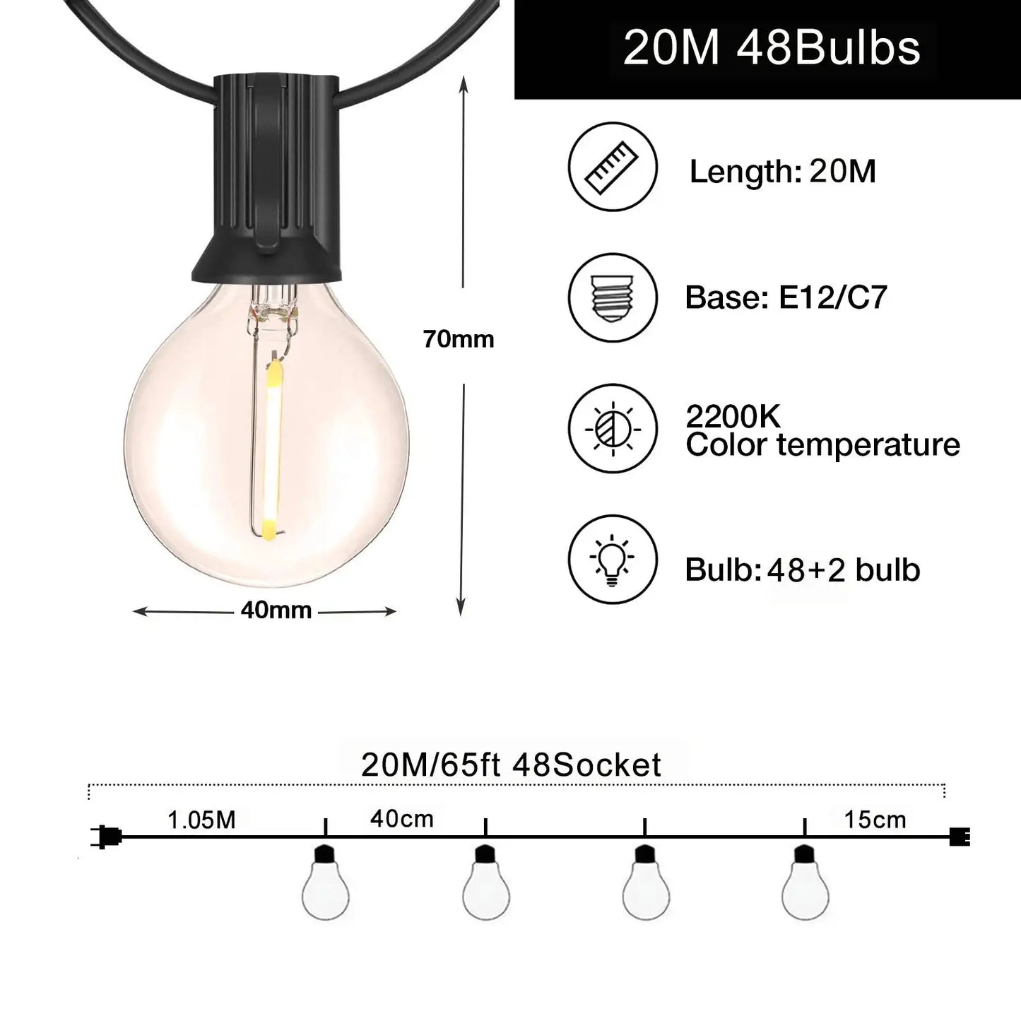 25FT 50FT G40 Fairy String Lights Outdoor Clear Glass Bulbs E12 Socket EU Plug Dimmable Waterproof Patio Decorative Lights Chain from PriceLows™