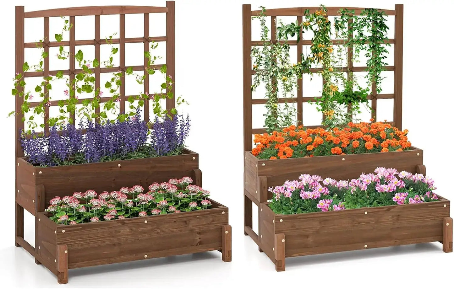 Outdoor Raised Garden Bed, Garden Planter Box with Lattice Trellis, Legs & Drainage Hole, 2-Tier Standing Elevated Plant from PriceLows™