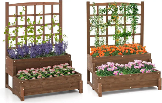 Outdoor Raised Garden Bed, Garden Planter Box with Lattice Trellis, Legs & Drainage Hole, 2-Tier Standing Elevated Plant from PriceLows™