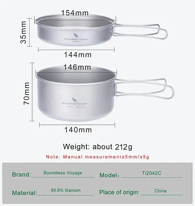 Titanium Pot Pan Set | Pot 1000ml | Foldable Handles | Pot 14cm, Pan 14.4cm