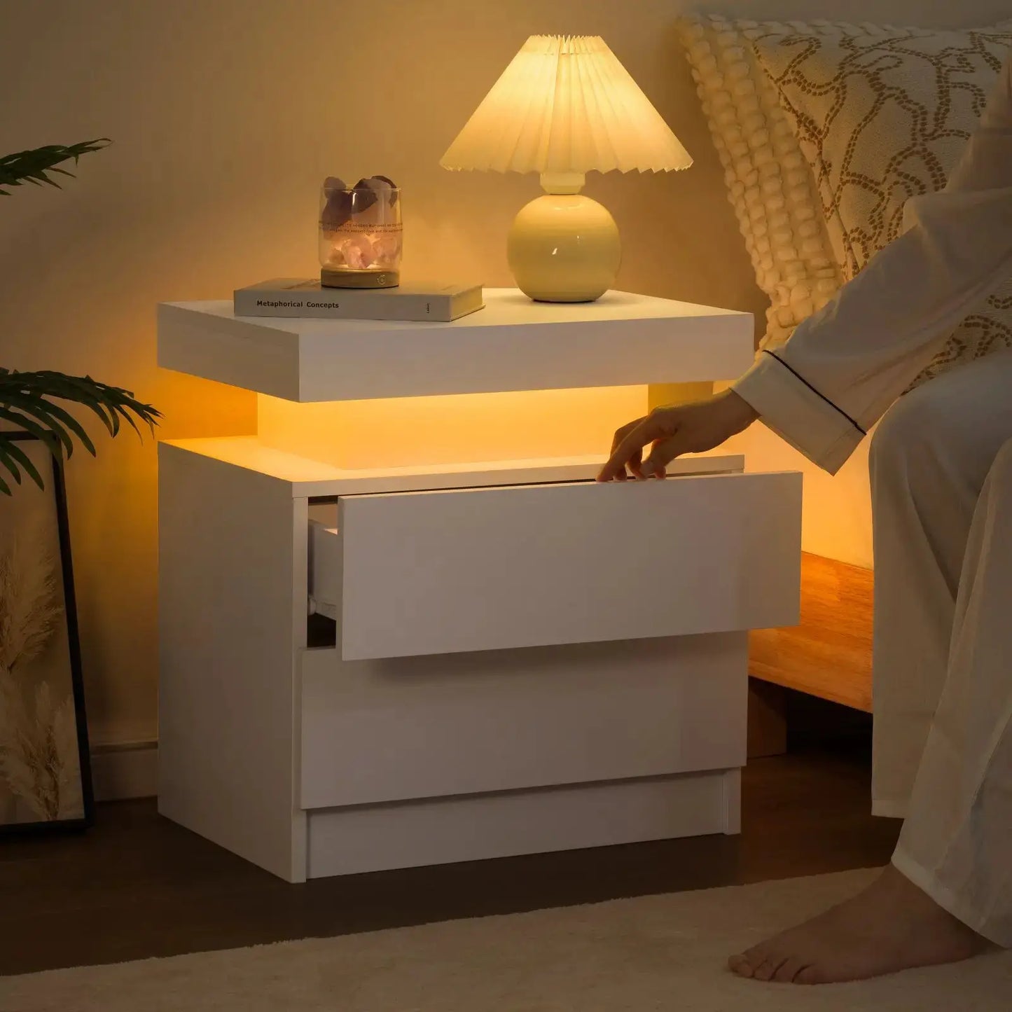Cubehom LED Nightstands with 2 Drawers, End Table with RGB LED Lights for Bedroom Living Room, White Bedside Table from PriceLows™