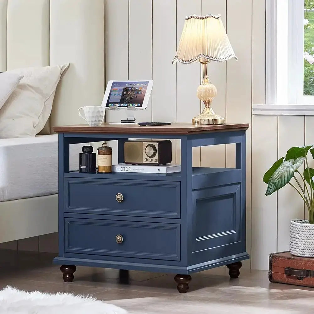 24 Wide Armhouse Nightstand, Large End Table with 2 Drawers and Metal Handle, Wood Drawer or Bedroom, Blue Bedside Table Chest o from PriceLows™