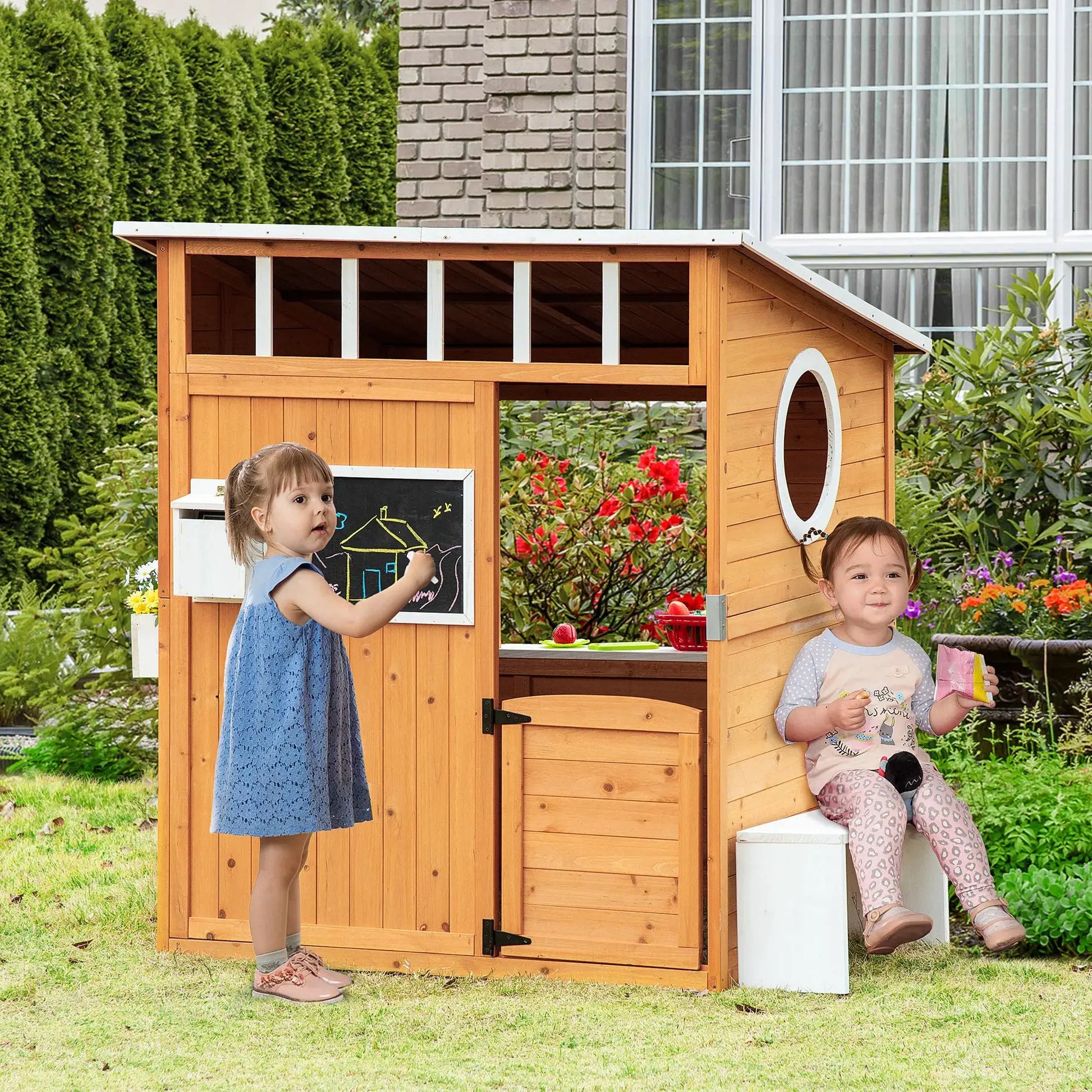 Outsunny Wooden Playhouse for Kids Outdoor with Working Door, Windows, Mailbox, Bench, Flowers Pot Holder, 48" X 42.5" X 53" from PriceLows™