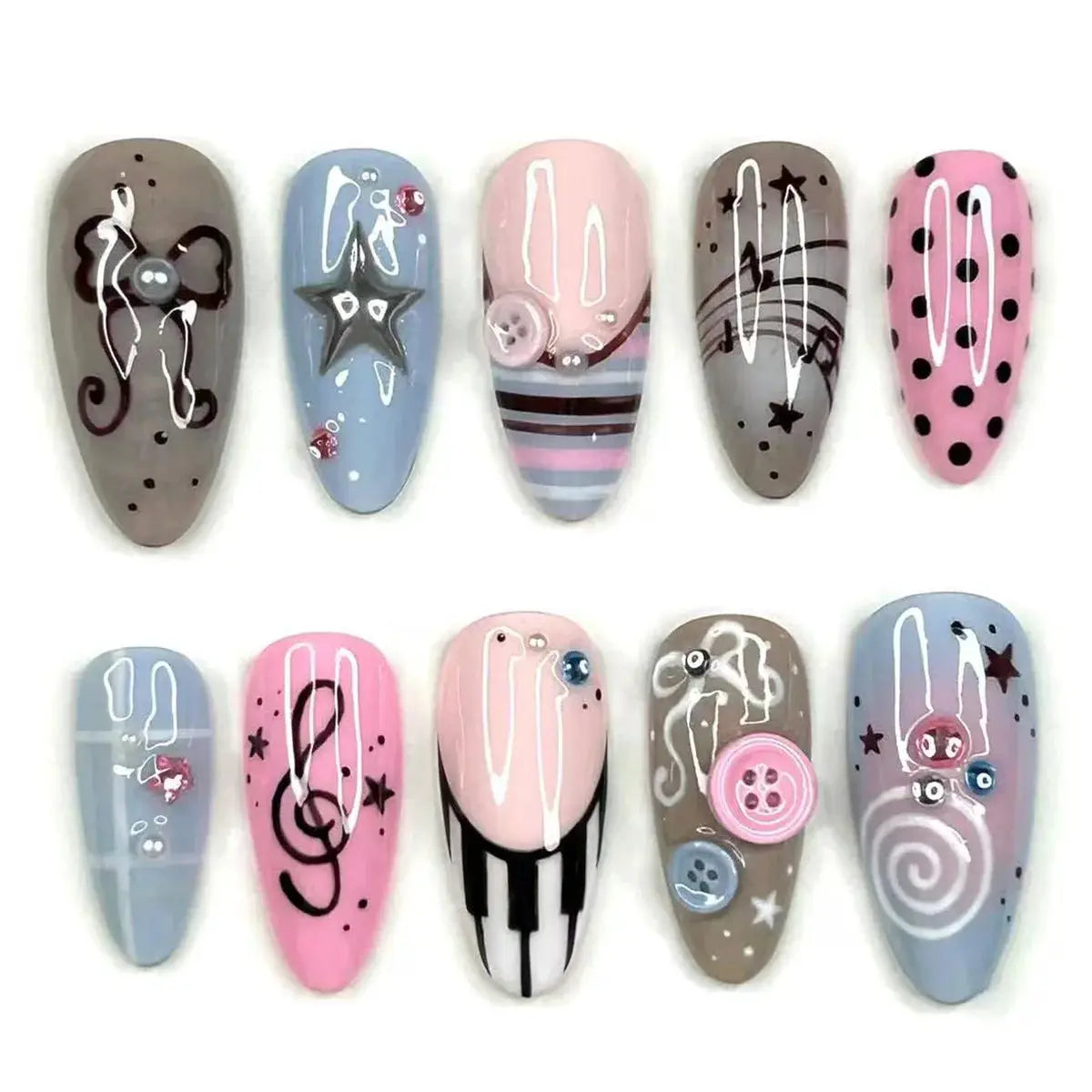 Press On Nails | Almond Shape | Green Lotus Frog Design | 24 Piece Kit