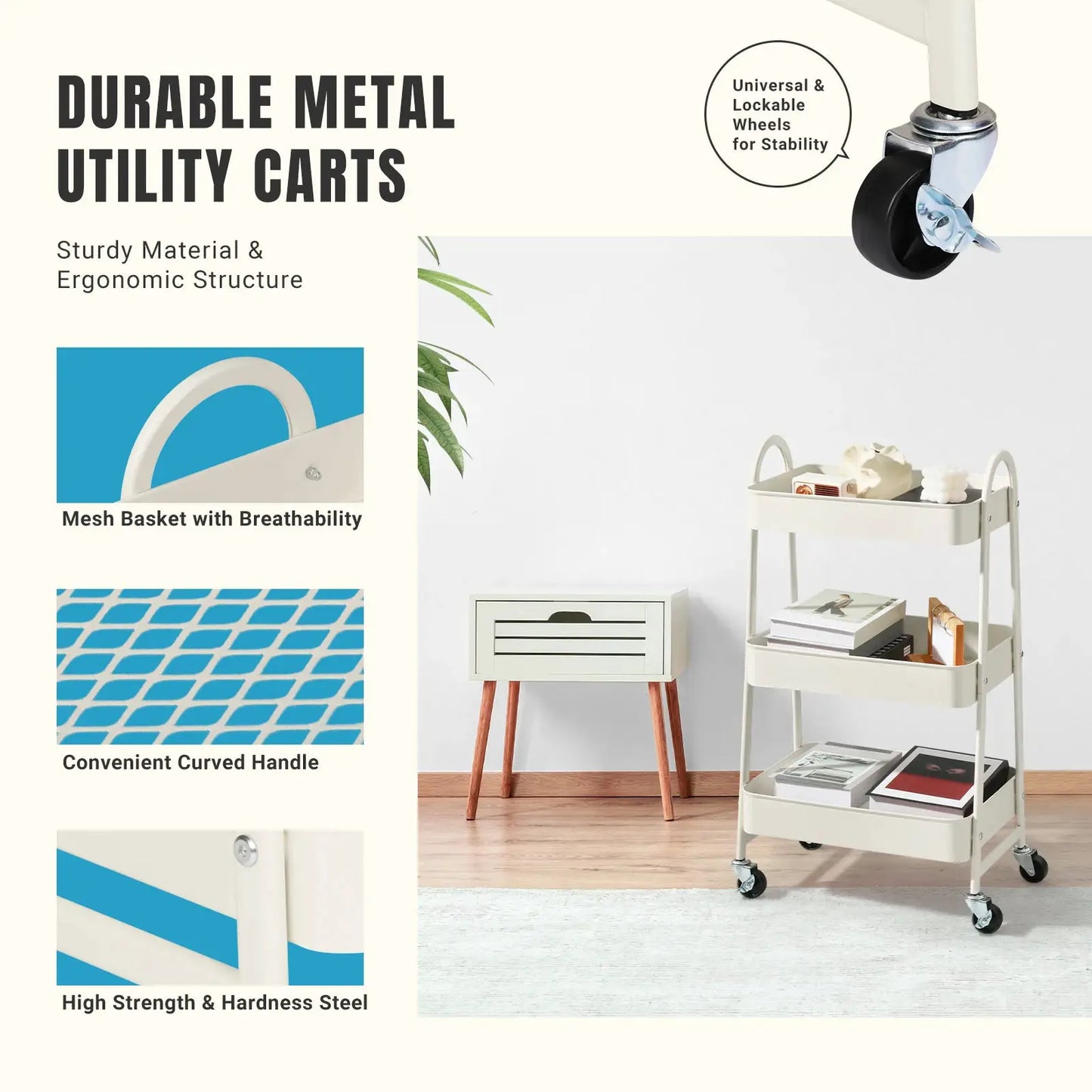 JHK 3 Tier Metal Storage Kitchen Cart with Lockable Wheels Mobile Shelving Unit Utility Rolling Organizer For Home Narrow Places from PriceLows™