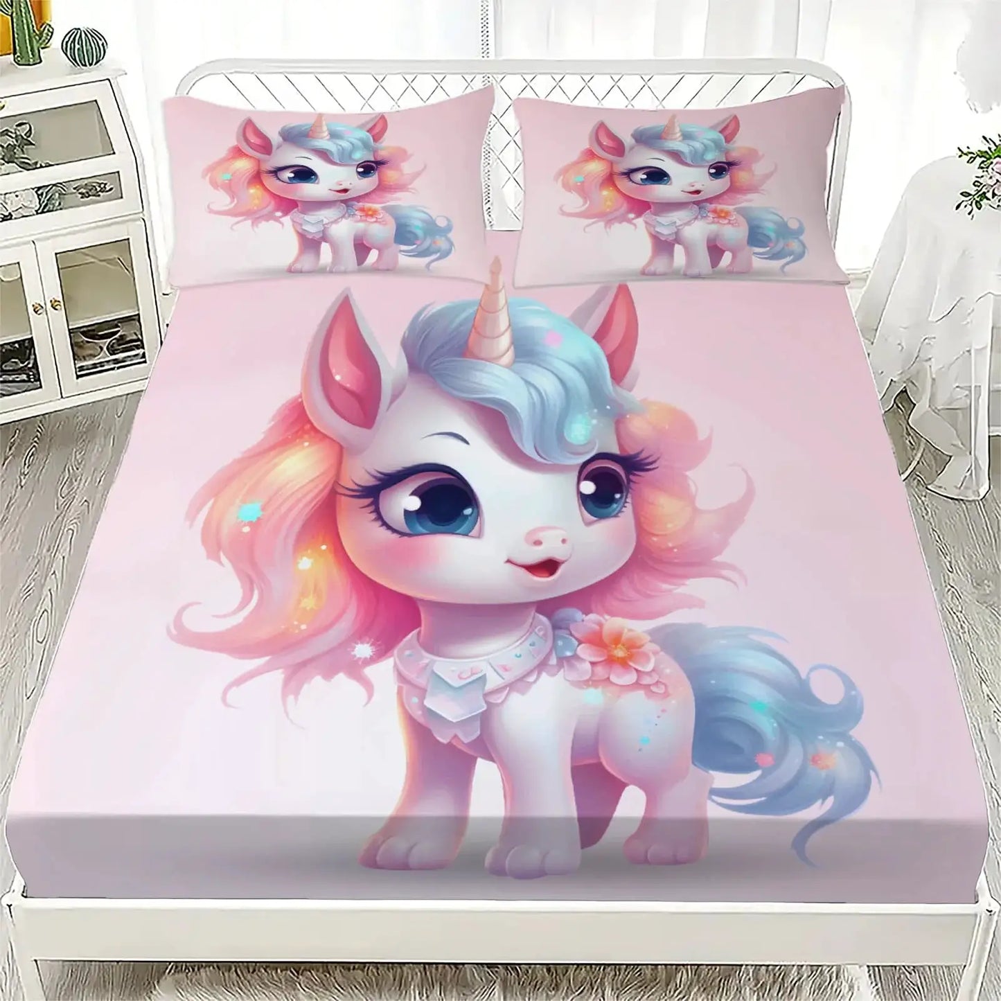 1pc Cute Pastel Unicorn Print Fitted Sheet Deep Pocket Elastic Mattress Cover Single Double Queen King Bedroom Decor from PriceLows™