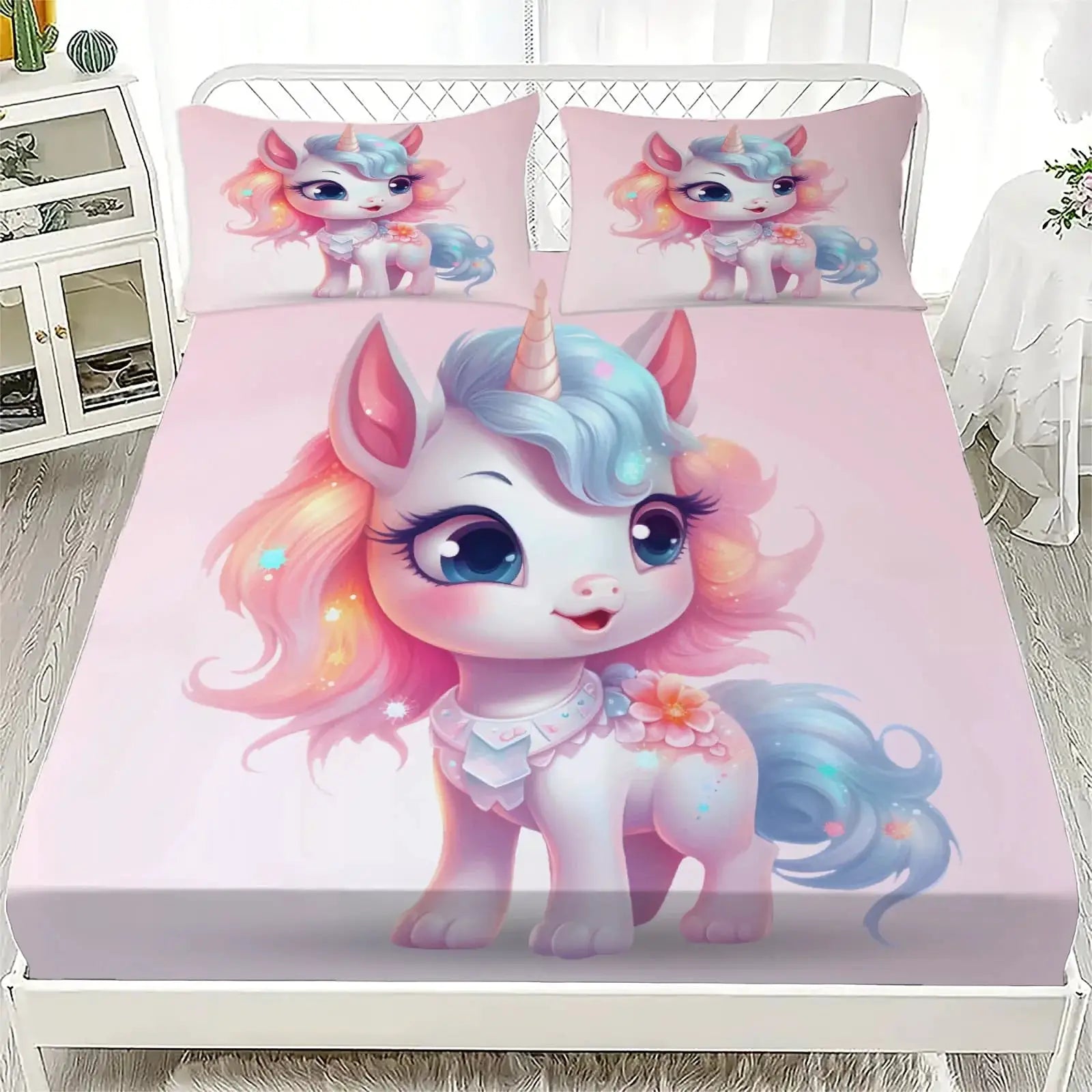 1pc Cute Pastel Unicorn Print Fitted Sheet Deep Pocket Elastic Mattress Cover Single Double Queen King Bedroom Decor from PriceLows™