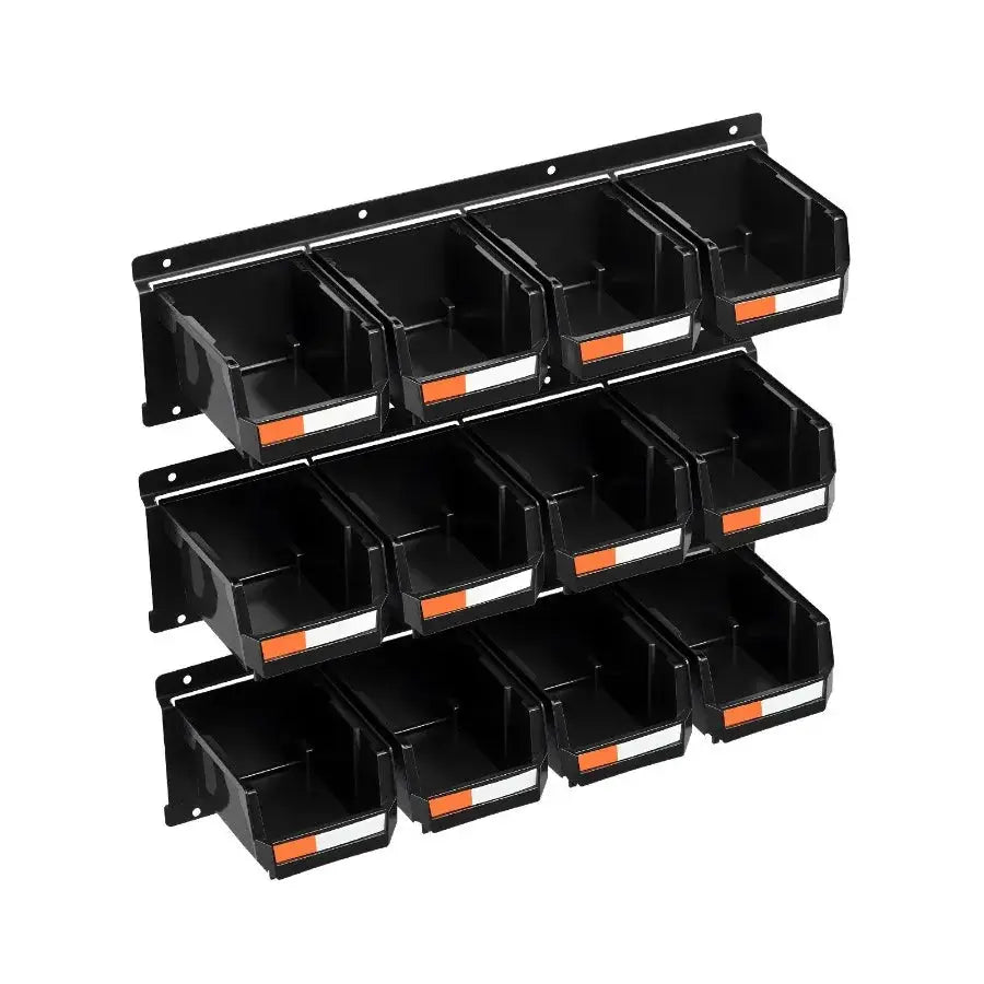 Wall Mounted Storage Bins 12 Plastic Bins with 3 Metal Rails Black Stackable Hanging Organizer for Screws Nuts Bolts Nails Hard from PriceLows™