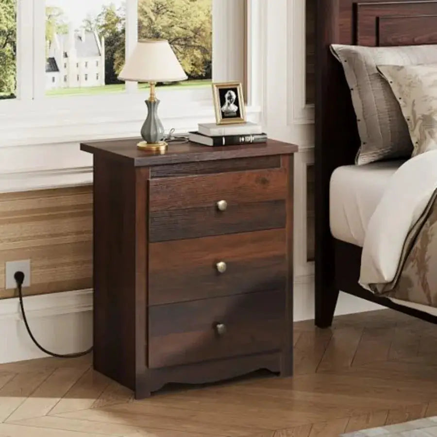 Tall Nightstand with Charging Station, Wood Night Stand with 3 Drawers Storage, Bedside Table End Side Tables with 2 USB Ports from PriceLows™