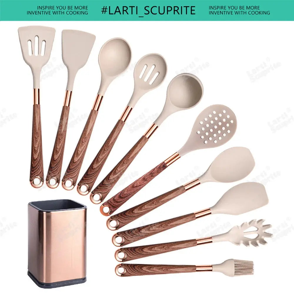 5-13pc Non-Stick Kitchen Silicone Utensil Set - Upgrade Your Kitchen with Gold-Plated Handles Cooking Tools Spatula Spoon Kit from PriceLows™