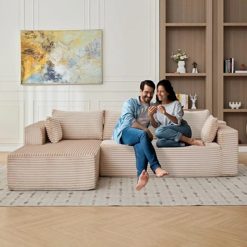 Sectional Sofa | L Shaped With Chaise | Beige Corduroy Fabric | Width Over 240cm
