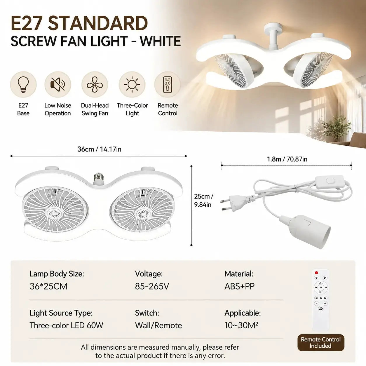 LED Ceiling Fan Light | 60W LED | Remote Control E27 Socket