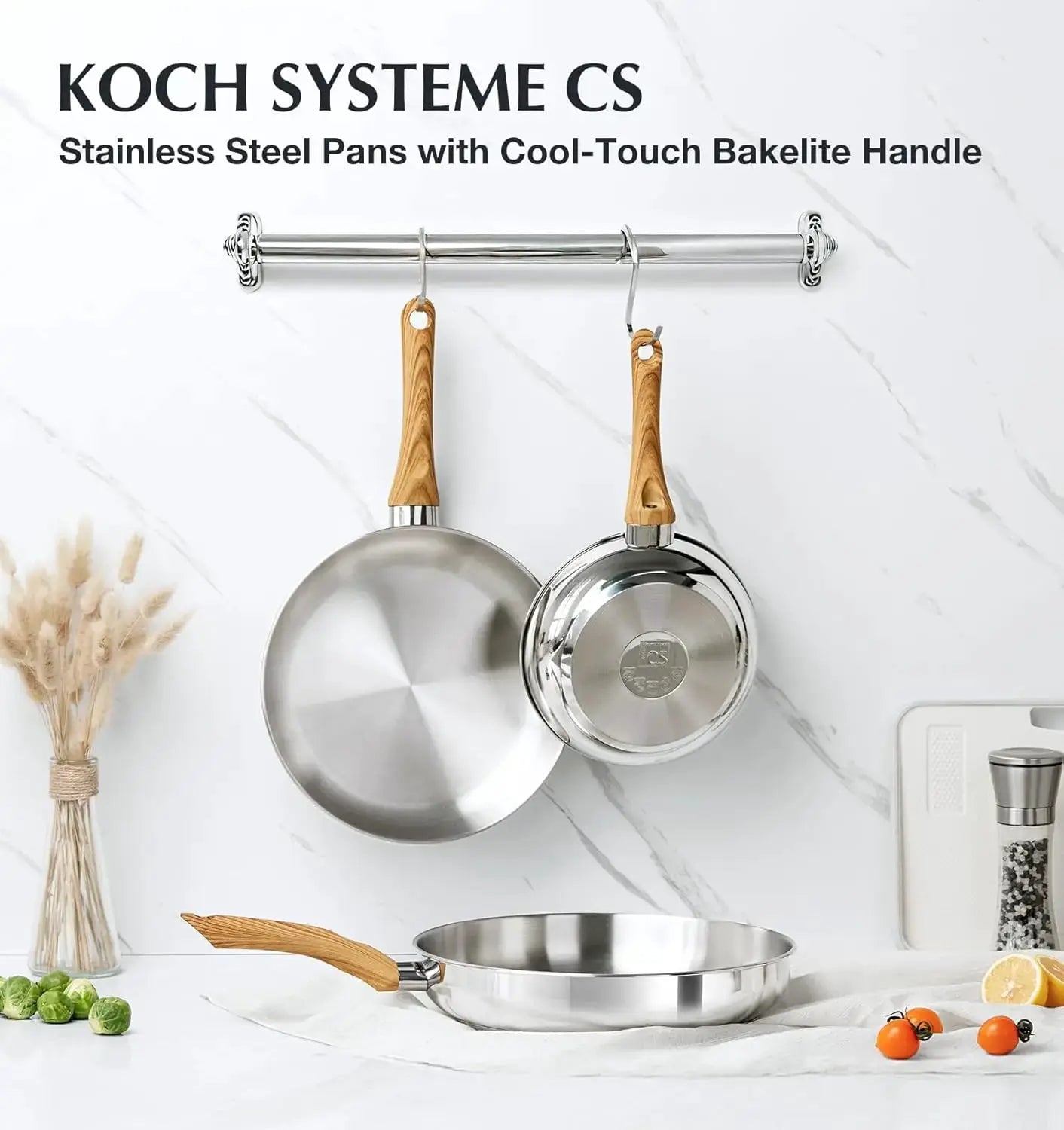 KOCH SYSTEME CS Stainless Steel Frying Pan Set of 3, 8"&10"&12" Stainless Steel Pans Set with Heat-resistant Bakelite Handle from PriceLows™